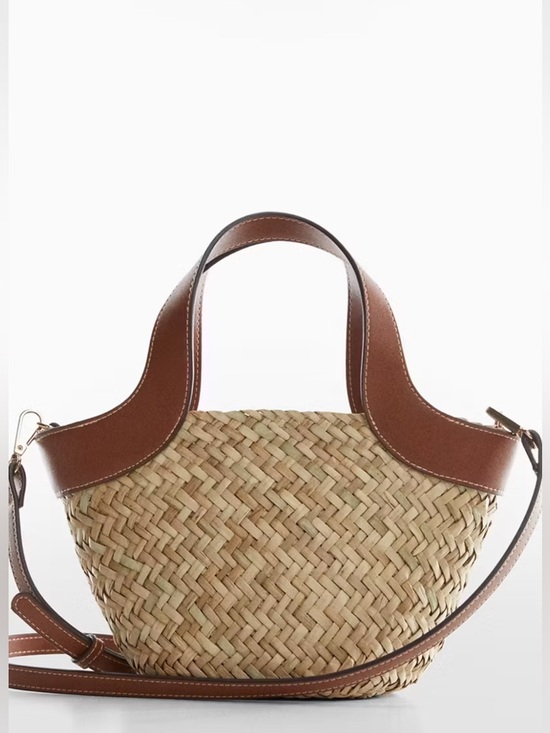 Mango Handbags - Mango Straw Satchel with Brown Leather Handles